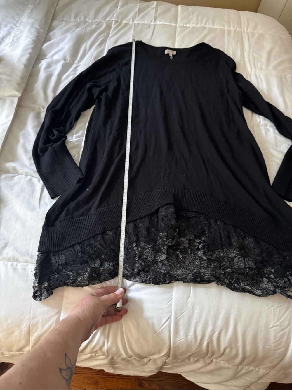 LOGO by Lori Goldstein Black Lace-Hem Women's Tunic